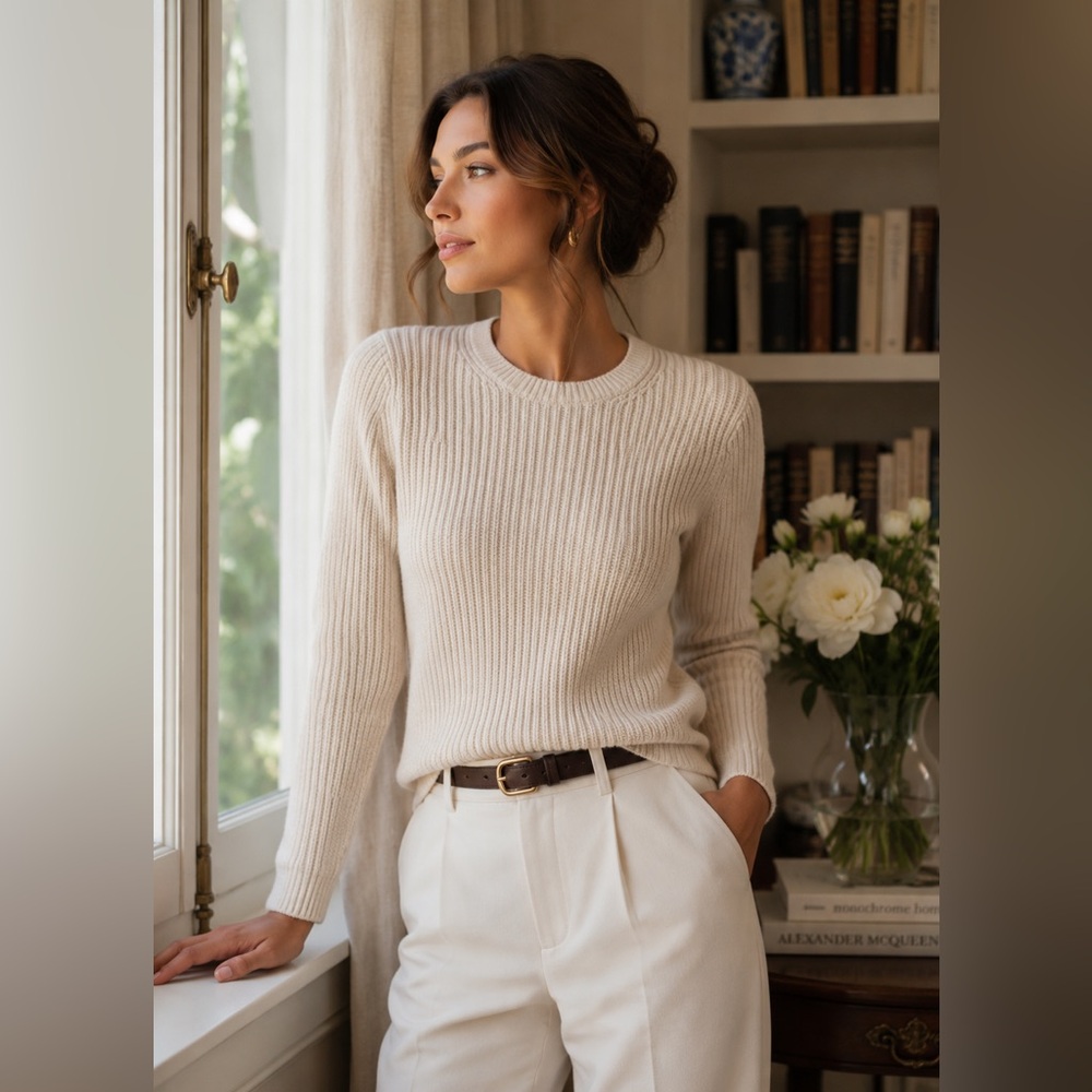 Everlane Organic Cotton Ribbed Crewneck Sweater Cream Slim Fit Minimalist - XS